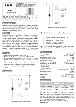 16A Przekaźnik bistabilny impulsowy włącz-wyłącz na szynę F&F BIS-411 230V