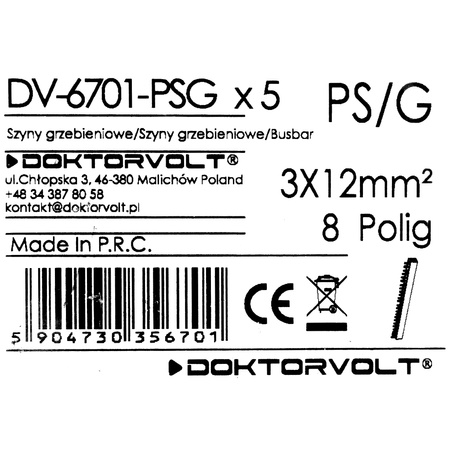 Szyna łączeniowa grzebieniowa 3-fazowa 8-modułowa 12mm2 80A DV-6701-PSG