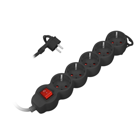 Przedłużacz 5-krotny 2P+Z (Schuko). z wyłącznikiem. 3m H05VV-F 3x1.0mm2. Imax 10A. płaska wtyczka. czarny ORAE13150(GS)/B/3M
