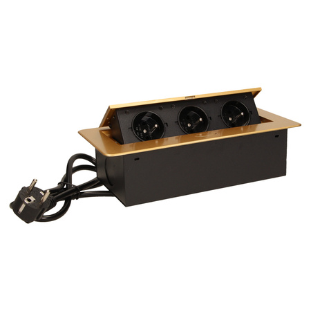 Gniazdo meblowe wpuszczane w blat z płaskim frezowanym rantem i przewodem 1.5m. 3x2P+Z. złote OR-AE-1337/C