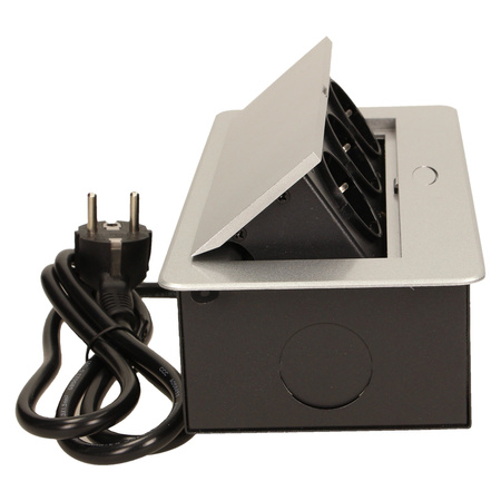 Gniazdo meblowe wpuszczane w blat z płaskim frezowanym rantem i przewodem 1.5m. 3x2P+Z. srebrne. wersja schuko OR-AE-1337/G(GS)