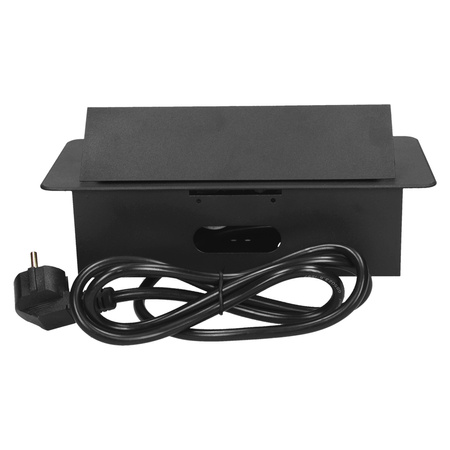 Gniazdo meblowe wpuszczane w blat z płaskim frezowanym rantem i przewodem 1.5m. 3x2P+Z. czarne. wersja schuko OR-AE-1337/B(GS)