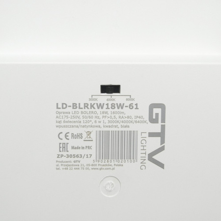 Oprawa LED downlight 18W 3000K/4000K/6400K zmienna barwa światła 1600lm natynkowa/wpuszczana panel BOLERO GTV LD-BLRKW18W-61