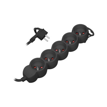 Przedłużacz 5-krotny 2P+Z. 3m H05VV-F 3x1.0mm2. Imax 10A. płaska wtyczka. czarny OR-AE-13149/B/3M