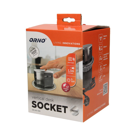 Gniazdo meblowe Ø10cm wysuwane z blatu z ładowarką USB i przewodem 1.5m. 3x2P+Z. 2xUSB. INOX OR-AE-1381