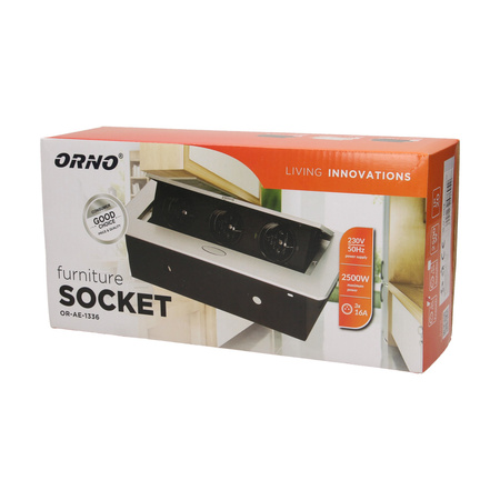 Gniazdo meblowe wpuszczane w blat z płaskim frezowanym rantem. 3x2P+Z. srebrne OR-AE-1336/G