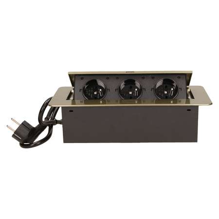 Gniazdo meblowe wpuszczane w blat z płaskim frezowanym rantem i przewodem 1.5m. 3x2P+Z. mosiądz OR-AE-1337/BR