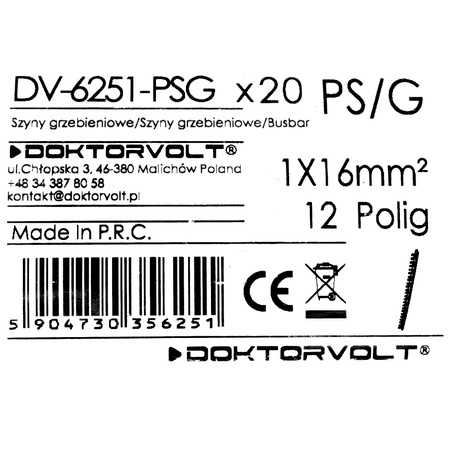Szyna łączeniowa grzebieniowa PS/G 1-fazowa 12-modułowa 16mm2 100A Doktorvolt DV-6251-PSG