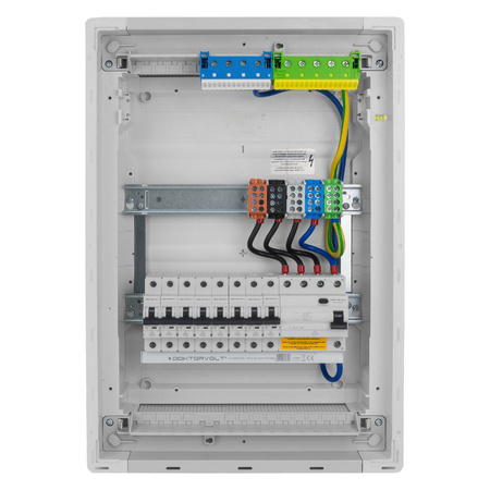 Rozdzielnica modułowa podtynkowa 2x12 zabezpieczona 8xMCB 1xRCCB VDE  okablowana skrzynka elektryczna Hager 505,50x348x98mm zaciski rozgałęźne L1, L2, L3, N, PE Doktorvolt DV-6210-PT