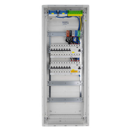 Rozdzielnica modułowa podtynkowa 5x12 zabezpieczona 14xMCB 2xRCCB VDE okablowana skrzynka elektryczna Hager 880,50x348x94,5mm zaciski rozgałęźne L1, L2, L3, N, PE Doktorvolt DV-6272-PT