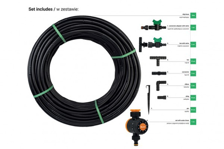 Zestaw z wężem kroplującym WATER FLOW DRIP - 50 m z zegarem przepływu wody DSWWF50-SET2-T