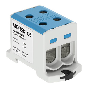 Złączka szynowa 6-95mm2 nieb 4otwor AL/CU 1000V TH35 1P Morek MAA2095B10