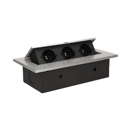 Gniazdo meblowe wpuszczane w blat z grubym rantem. 3x2P+Z. srebrne OR-AE-1335/G