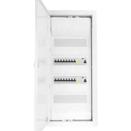 Rozdzielnica modułowa podtynkowa 4x12 zabezpieczona 14xMCB 2xRCCB VDE okablowana skrzynka elektryczna Hager 755,50 x348x98mm zaciski rozgałęźne L1, L2, L3, N, PE Doktorvolt DV-6265-PT