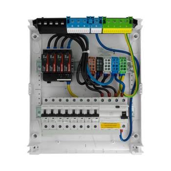 Rozdzielnica modułowa natynkowa 2x12 zabezpieczona 8xMCB 1xRCCB VDE ogranicznik przepięć Saltek okablowana skrzynka elektryczna Hager 370x305x96,5mm zaciski rozgałęźne L1, L2, L3, N, PE Doktorvolt DV-6302-NT