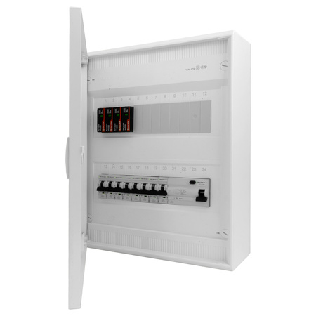 Rozdzielnica modułowa natynkowa 2x12 zabezpieczona 8xMCB 1xRCCB VDE ogranicznik przepięć Saltek okablowana skrzynka elektryczna Hager 370x305x96,5mm zaciski rozgałęźne L1, L2, L3, N, PE Doktorvolt DV-6302-NT