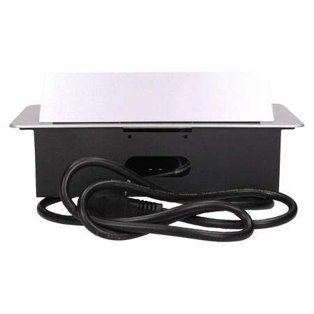 Gniazdo meblowe wpuszczane w blat z płaskim frezowanym rantem. ładowarką USB i przewodem 1.5m. 2x2P+Z. 2xUSB. srebrne OR-AE-13126/G