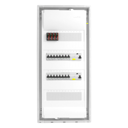 Rozdzielnica modułowa podtynkowa 4x12 zabezpieczona 14xMCB 2xRCCB VDE ogranicznik przepięć Saltek okablowana skrzynka elektryczna Hager 755,50 x348x98mm zaciski rozgałęźne L1, L2, L3, N, PE Doktorvolt DV-6258-PT