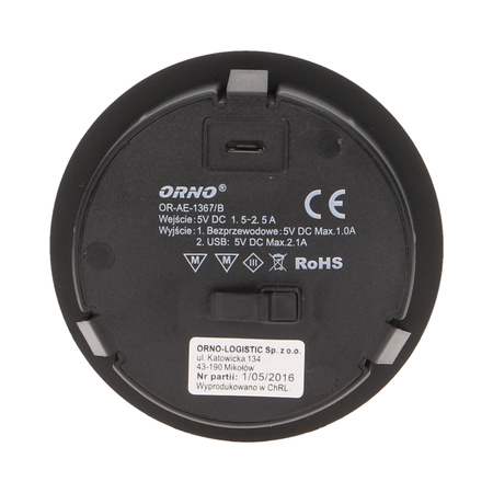 Bezprzewodowa ładowarka indukcyjna z dodatkowym portem USB. czarna OR-AE-1367/B