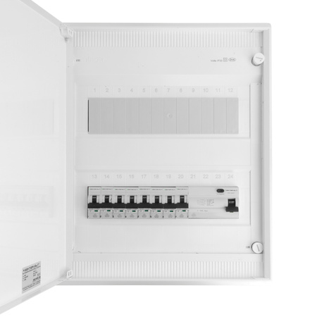 Rozdzielnica modułowa natynkowa 2x12 zabezpieczona 8xMCB 1xRCCB VDE okablowana skrzynka elektryczna Hager 370x305x96,5mm zaciski rozgałęźne L1, L2, L3, N, PE Doktorvolt DV-6319-NT