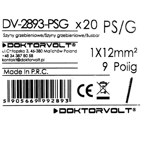 Szyna łączeniowa grzebieniowa PS/G 1-fazowa 9-modułowa 12mm2 80A DV-2893-PSG