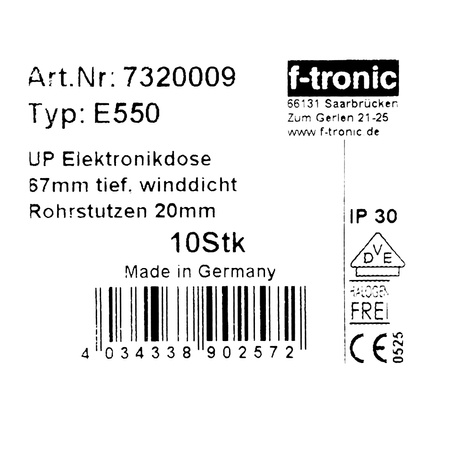 F-tronic Puszka instalacyjna podtynkowa 10 sztuk do elektroniki IT z membraną 67mm czarna VDE 732 E550