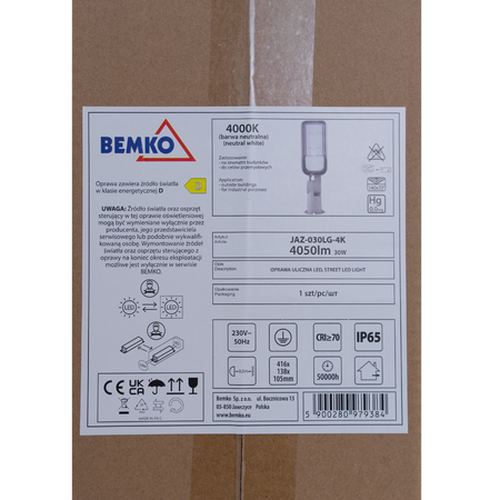 Oprawa uliczna LED JAZMIN 30W 4000K 4050LM IP65 jasnoszara C82-JAZ-030LG-4K