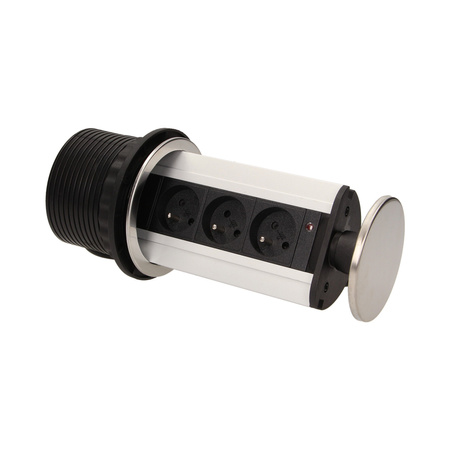 Gniazdo meblowe Ø10cm wysuwane z blatu z ładowarką USB i przewodem 1.8m. 3x2P+Z. 2xUSB. INOX OR-AE-1354