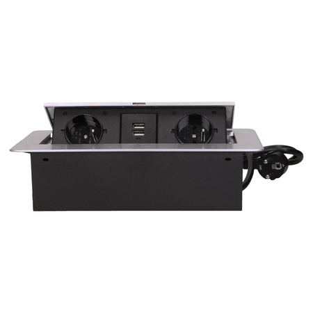 Gniazdo meblowe wpuszczane w blat z płaskim frezowanym rantem. ładowarką USB i przewodem 1.5m. 2x2P+Z. 2xUSB. srebrne OR-AE-13126/G