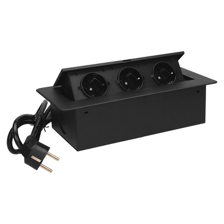 Gniazdo meblowe wpuszczane w blat z płaskim frezowanym rantem i przewodem 1.5m. 3x2P+Z. czarne. wersja schuko OR-AE-1337/B(GS)