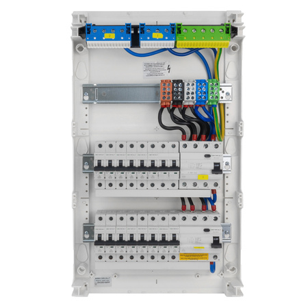 Rozdzielnica modułowa natynkowa 3x12 zabezpieczona 14xMCB 2xRCCB VDE ogranicznik okablowana skrzynka elektryczna Hager 515x305x96,5mm zaciski rozgałęźne L1, L2, L3, N, PE Doktorvolt DV-6333-NT