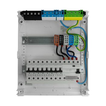Rozdzielnica modułowa natynkowa 2x12 zabezpieczona 8xMCB 1xRCCB VDE okablowana skrzynka elektryczna Hager 370x305x96,5mm zaciski rozgałęźne L1, L2, L3, N, PE Doktorvolt DV-6319-NT