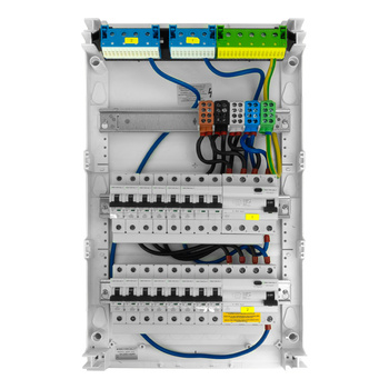 Rozdzielnica modułowa natynkowa 3x12 zabezpieczona 14xMCB 2xRCCB VDE ogranicznik okablowana skrzynka elektryczna Hager 515x305x96,5mm zaciski rozgałęźne L1, L2, L3, N, PE Doktorvolt DV-6333-NT