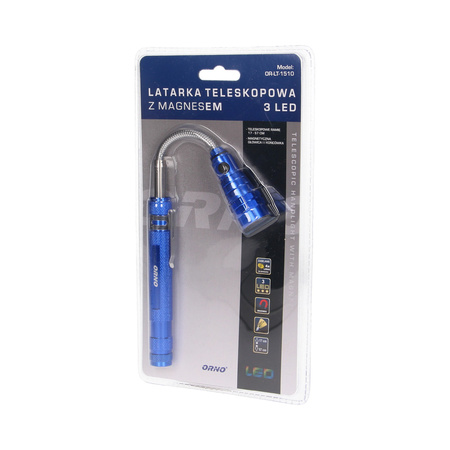Latarka teleskopowa 17-57 cm. 3 LED. 4 x LR44. wyginana głowica. magnes OR-LT-1510