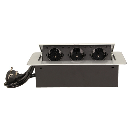 Gniazdo meblowe wpuszczane w blat z płaskim frezowanym rantem i przewodem 1.5m. 3x2P+Z. srebrne. wersja schuko OR-AE-1337/G(GS)