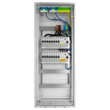 Rozdzielnica modułowa podtynkowa 5x12 zabezpieczona 14xMCB 2xRCCB VDE okablowana skrzynka elektryczna Hager 880,50x348x94,5mm zaciski rozgałęźne L1, L2, L3, N, PE Doktorvolt DV-6272-PT