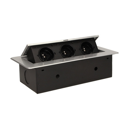 Gniazdo meblowe wpuszczane w blat z płaskim frezowanym rantem. 3x2P+Z. srebrne OR-AE-1336/G