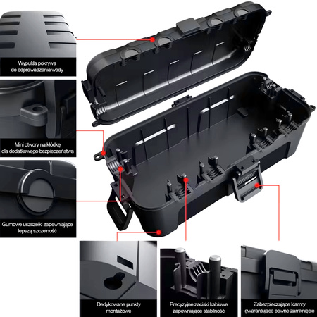 Skrzynka hermetyczna na kable wodoodporna duża 29x13,2x10cm zewnętrzna puszka elektryczna na przedłużacz 6 przepustów ogrodowa organizer czarna kempingowa do lampek świątecznych choinkowych DV-6654 Doktorvolt
