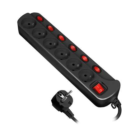 Listwa zasilająca "Multiswitch". 6 gniazd 2P+Z. kabel 3x1.0mm2. długość 1.5m. Wyłącznik termiczny. 10A/230 VAC. czarny OR-AE-13162/B/1,5M