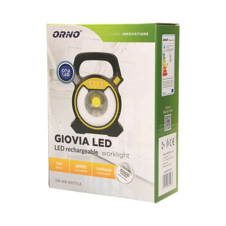 GIOVIA LED 5W naświetlacz roboczy z akumulatorem. 300lm. IP44. 6000K. 2x1200mAh. z ładowarką USB i funkcją power bank OR-NR-6077L6
