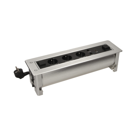 Gniazdo meblowe wpuszczane w blat z płaskim frezowanym rantem oraz elektrycznym otwieraniem. 3x2P+Z.2xNET.1xHDMI OR-AE-13110