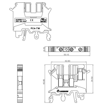 Złączka szynowa szara śrubowa 4mm2 3-przewodowa 1P UL PC4-TW-01P-11-00A(H)