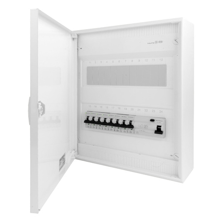 Rozdzielnica modułowa natynkowa 2x12 zabezpieczona 8xMCB 1xRCCB VDE okablowana skrzynka elektryczna Hager 370x305x96,5mm zaciski rozgałęźne L1, L2, L3, N, PE Doktorvolt DV-6319-NT