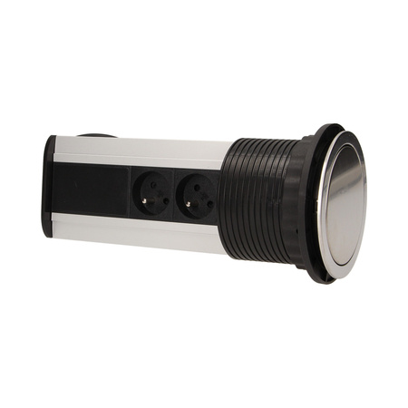 Gniazdo meblowe Ø10cm wysuwane z blatu z ładowarką USB i przewodem 1.8m. 3x2P+Z. 2xUSB. INOX OR-AE-1354