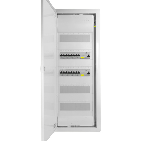 Rozdzielnica modułowa podtynkowa 5x12 zabezpieczona 14xMCB 2xRCCB VDE okablowana skrzynka elektryczna Hager 880,50x348x94,5mm zaciski rozgałęźne L1, L2, L3, N, PE Doktorvolt DV-6272-PT