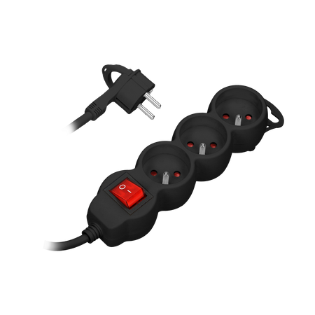 Przedłużacz 3-krotny 2P+Z z wyłącznikiem. 1.5m H05VV-F 3x1.0mm2. Imax 10A. płaska wtyczka. czarny OR-AE-13146/B/1,5M