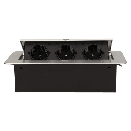 Gniazdo meblowe wpuszczane w blat z płaskim frezowanym rantem. 3x2P+Z. srebrne. wersja schuko OR-AE-1336/G(GS)