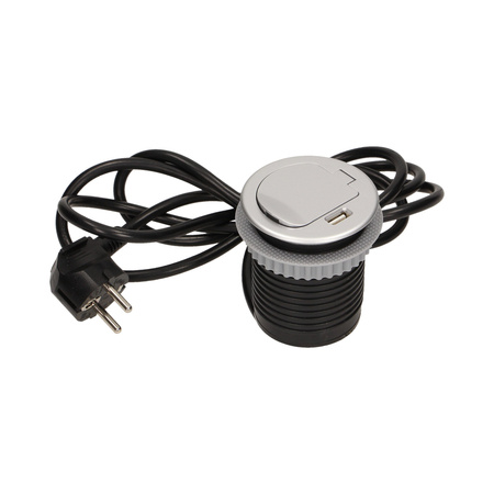 Gniazdo meblowe Ø6cm wpuszczane w blat z pokrywką. ładowarką USB i przewodem 1.8m. 1x2P+Z. 1xUSB OR-AE-1373