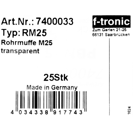 F-tronic Złączka do rur karbowanych M25 przezroczysta 25 sztuk mufa 740 RM25