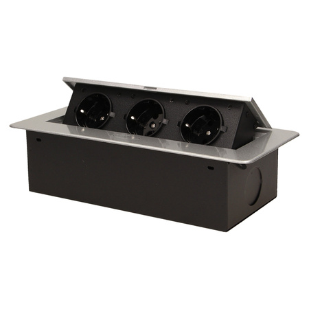 Gniazdo meblowe wpuszczane w blat z płaskim frezowanym rantem. 3x2P+Z. srebrne. wersja schuko OR-AE-1336/G(GS)